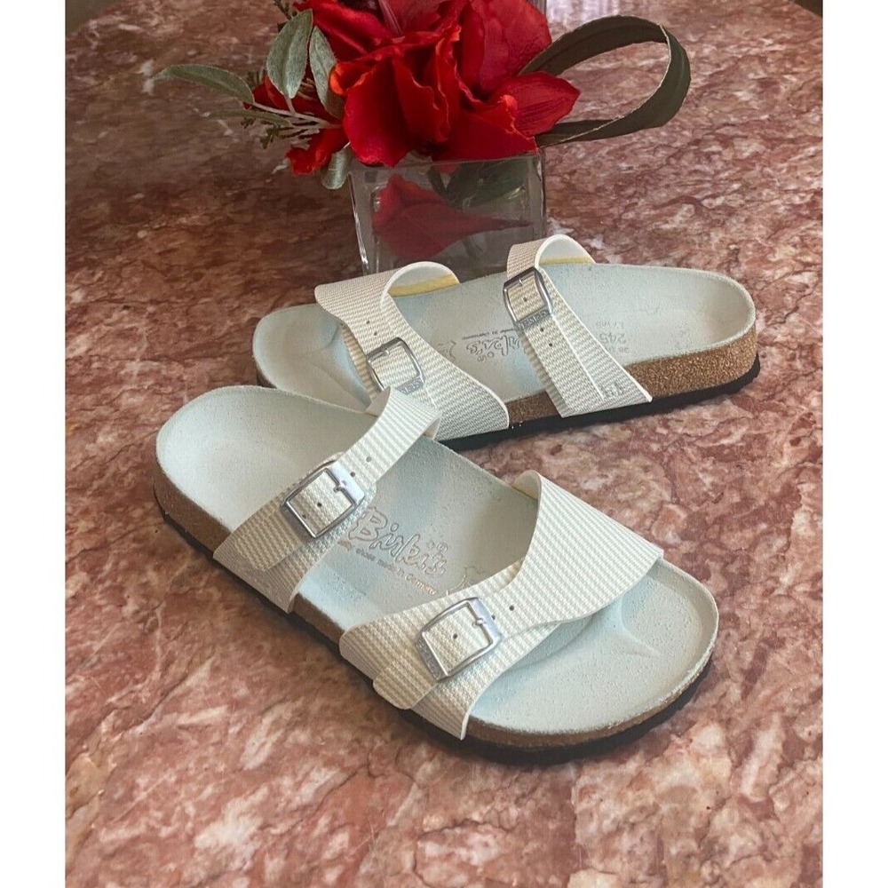 New Birkis Birkenstock Aziza Women's Mint Green Stripes Sandal Size 38 /7,  $140